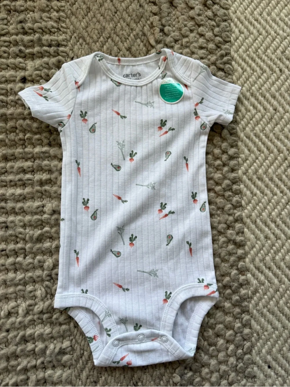Carter's White Ribbed Baby Bodysuit with Carrot & Avocado Motif 12 mo new